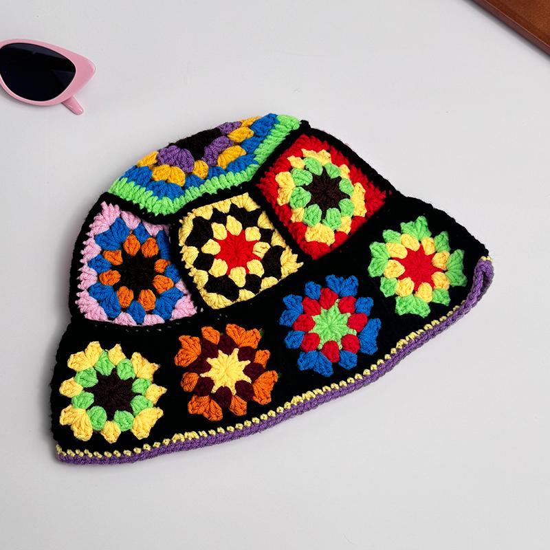 Handmade Crochet Bucket Hat Women Autumn Winter Flower Knit Beanies Korean Casual Beanies Panama Cap Fisherman Hat