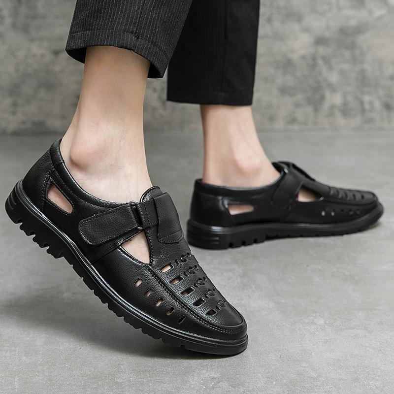Summer sandals leather hollow hole shoes non-slip soft sole medium breathable casual cool leather shoes
