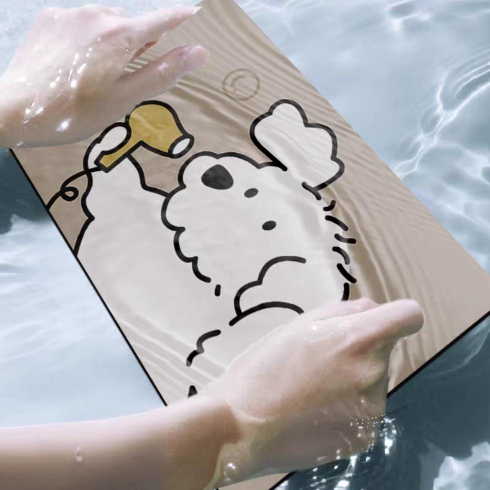 VIKAMA Cute Fluffy Dog Holding Hair Dryer Bathroom Doormat Simple Cartoon Puppy Smiley Print Water‑absorbing Non‑slip Floor Mat