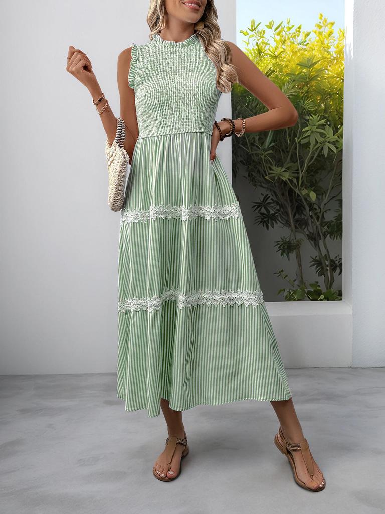 Summer 2026 Middle East High-End Lace Trim Patchwork Maxi Slip Dress with French Stripes