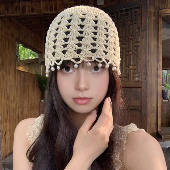 Knitting Hat Bohemian Style Hollow Design Women Hat with Faux Pearls Pendant Lightweight Elastic Hat Headwear