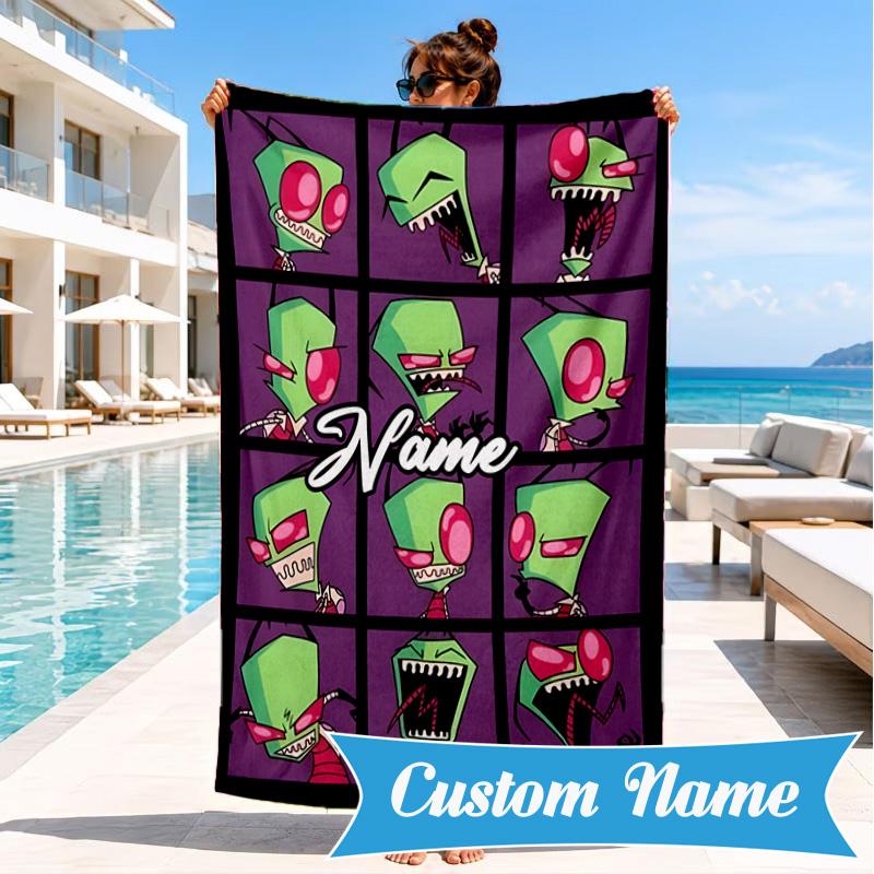 Custom Name Alien Expressions Collection Heart In Space Adventure Microfiber Beach Towel, Lightweight for Summer Travel, Swimming Pool Fan Gift