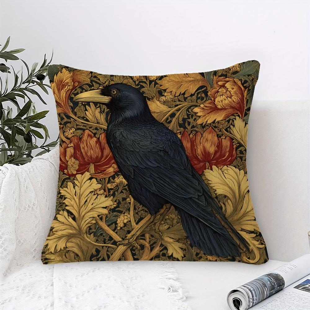 1Pc William Morris Moody Rook Victorian Floral Bird Print Pillow Cover - 18X18 Inch Luxury Short Plush Case With Golden Foliage