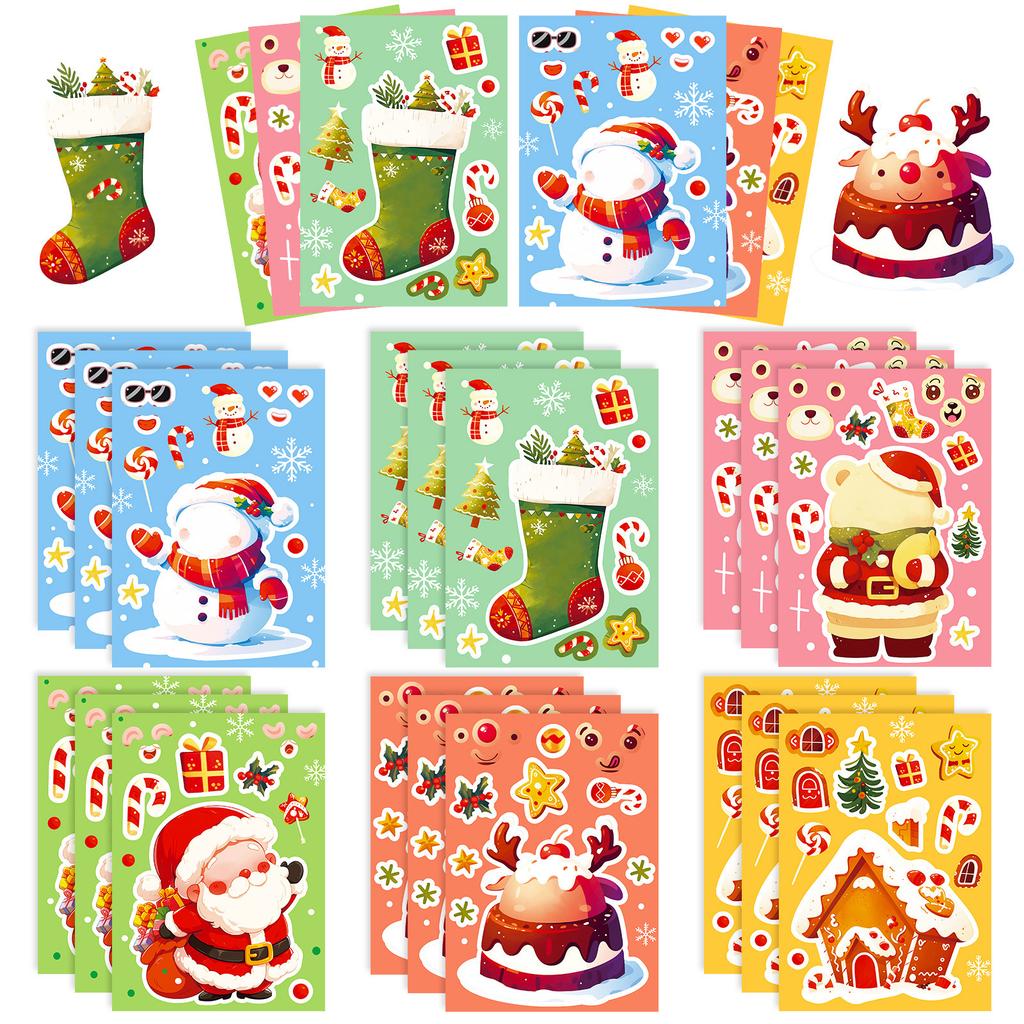 6 Christmas Cartoon Puzzles For Face Stickers, Gingerbread House Snowman Puzzle Repeated Stickers, Parent-Child Interaction Stickers