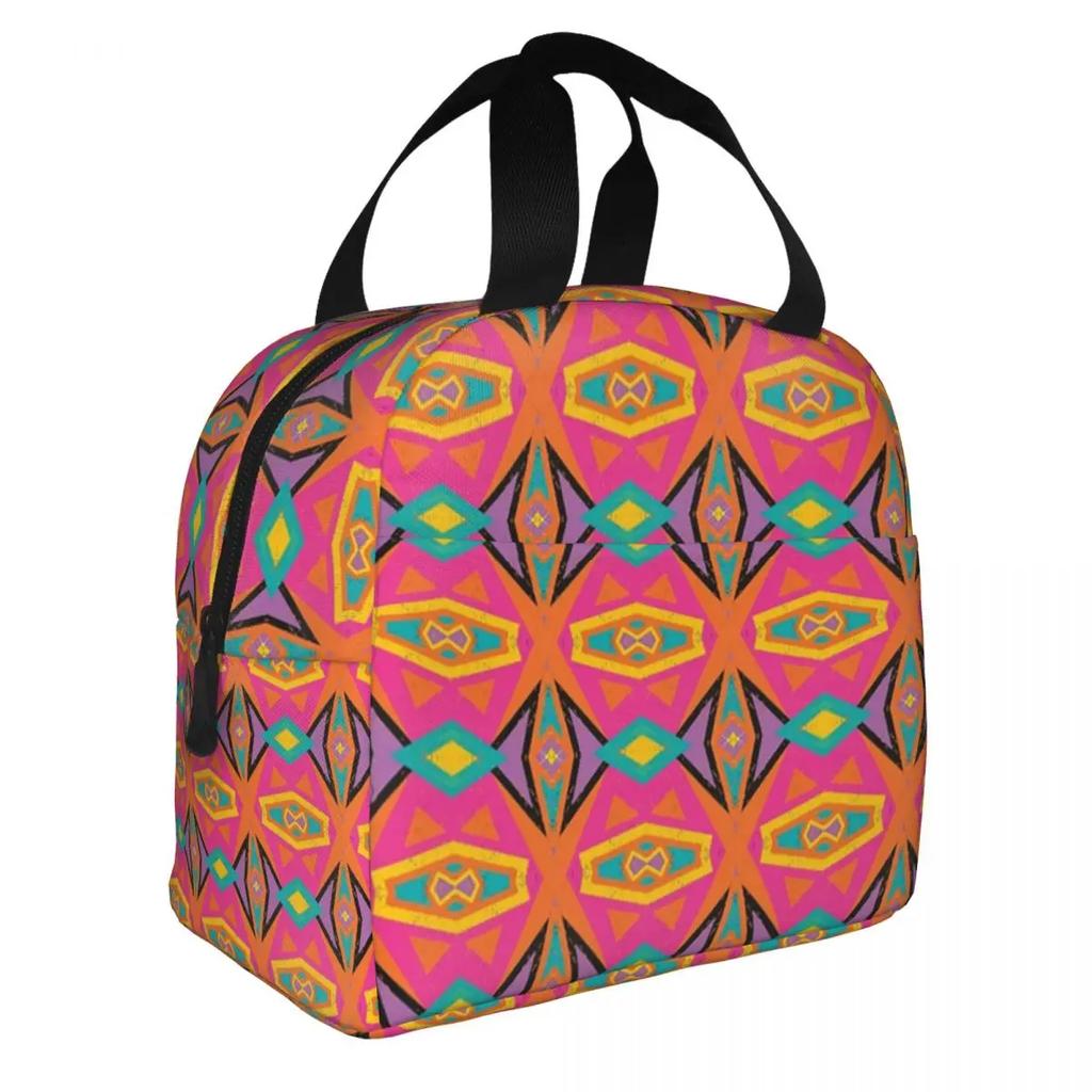African Tribal Ankara Fabric Style Pink Thermal Insulated Lunch Bags Women Geometric Ethnic Art Portable Lunch Tote Food Box