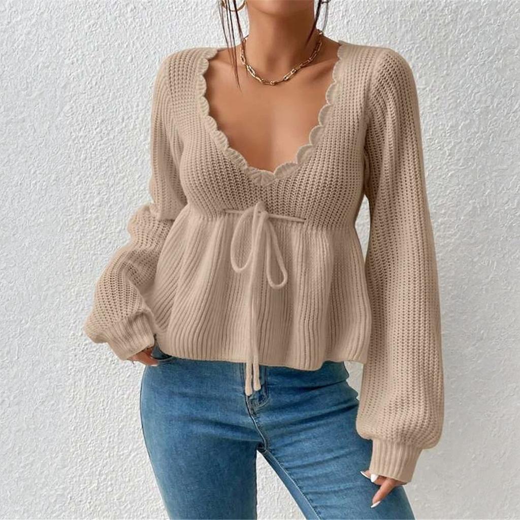 Women's Casual Fashion Loose V-neck Drawstring Ruffled Skirt Knitted Pullover Top