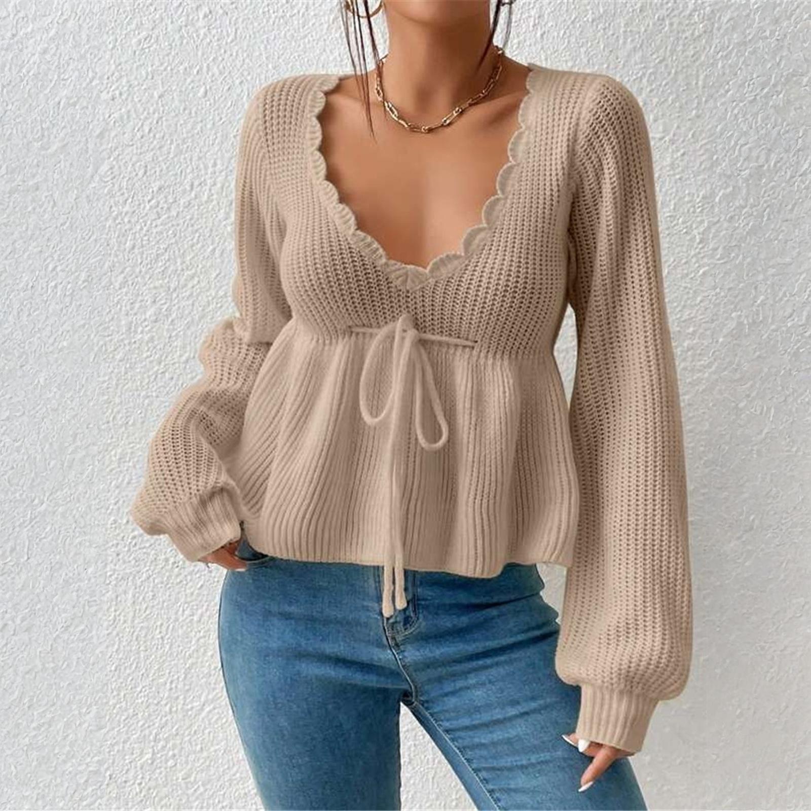 

Женский повседневный модный свободный трикотажный пуловер с V-образным вырезом и кулиской, с оборчатой юбкой L хаки