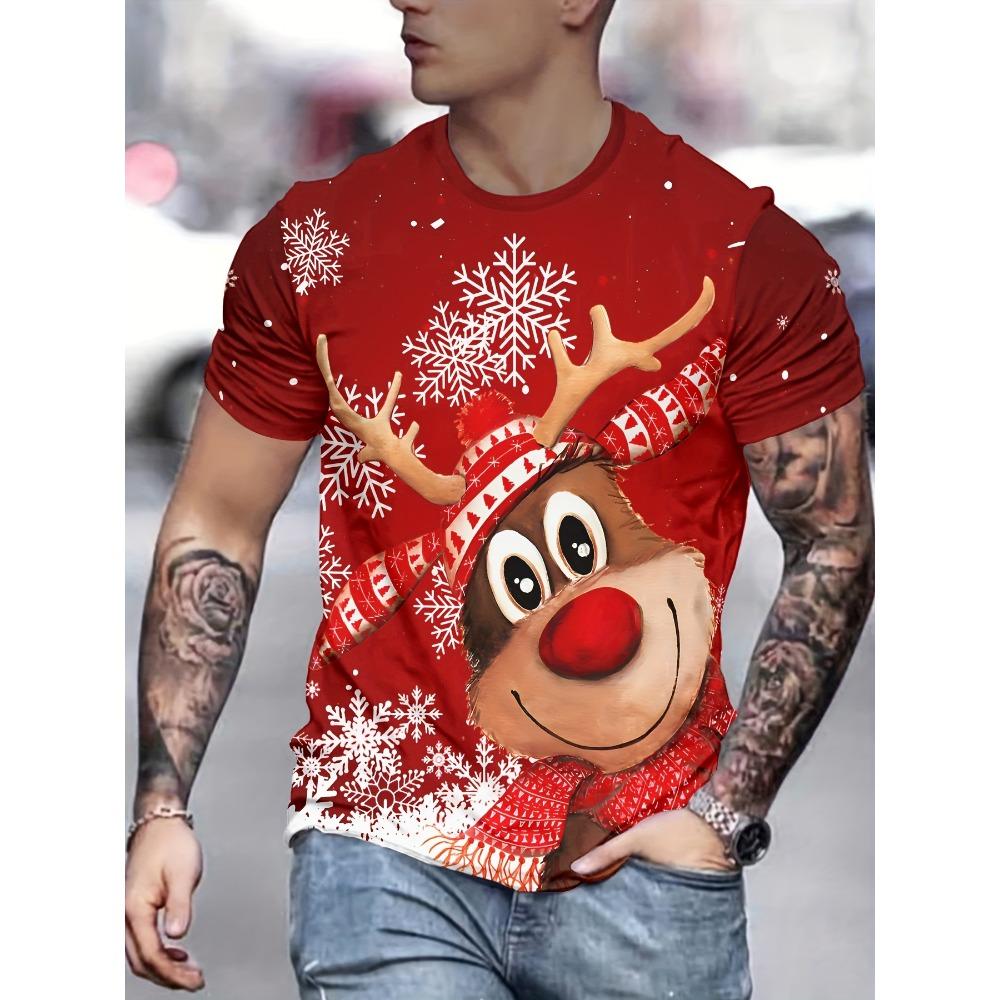 Men's Casual Short-Sleeve T-Shirt with Santa Print, Fashionable Crew Neck Top, Loose T-Shirt, New Year Gift