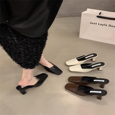 2025 Summer New Square Head Sandals Women Wear Versatile Thick Heels After Empty Lazy People Pedal Bag Head High Heels Sandals