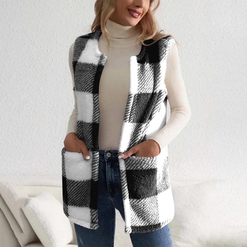 Plaid Fleece Vest For Women  Fall Winter Fuzzy Thermal Warm Sleeveless Jacket Trendy Outwear