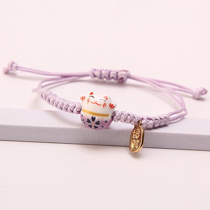 Handwoven Red Rope Lucky Cat Ceramic Bracelets for Women