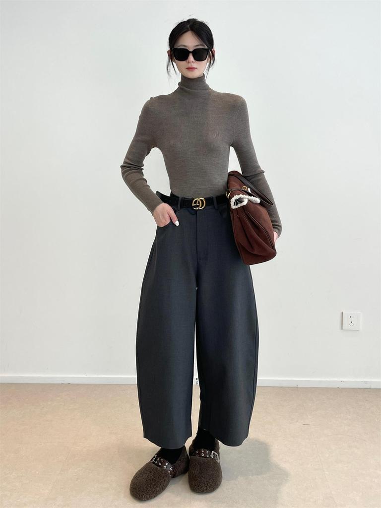 Nan Yu's Autumn Fashion: High-Waisted Scimitar Arc Draped Nine-Point Pants for Women