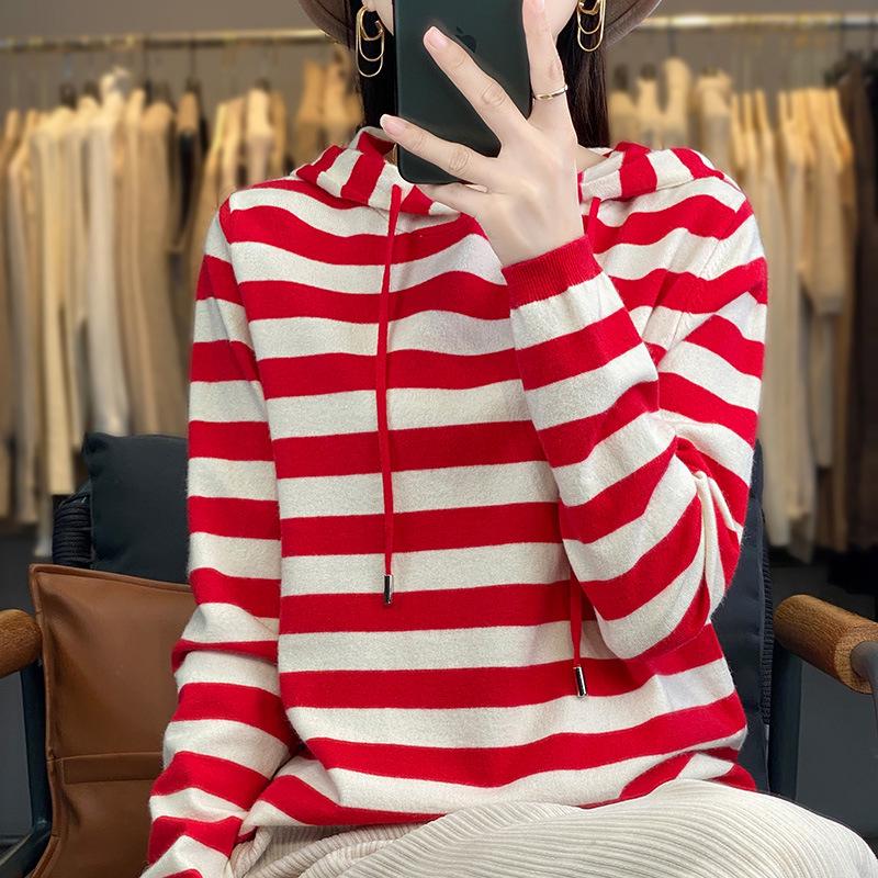Women's Loose-Fit Striped Hooded Knit Sweater - Korean Style Casual Autumn Winter Sweatshirt