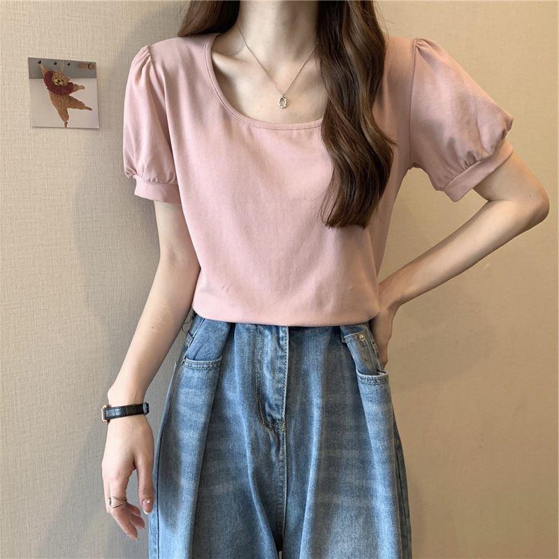Puff Sleeve T-shirt for Women In Summer New French Design Low Round Neck Slim Fit Short Sleeve Student Top