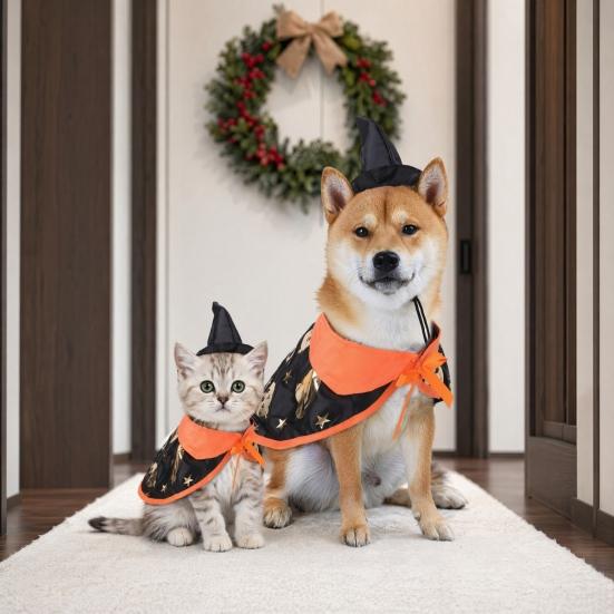 Yangyizhi 1 Set Pet Halloween Costume, Cat Wizard Hat And Cape, Cute Pumpkin Print Apparel for Small Dogs Cats Festive Party Wear