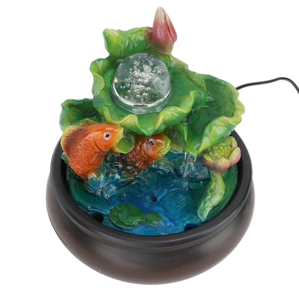 USB Tischbrunnen Einstellbarer Durchfluss Harz Koi Brunnen Ornament Kunsthandwerk mit LED-Leuchten für Zuhause