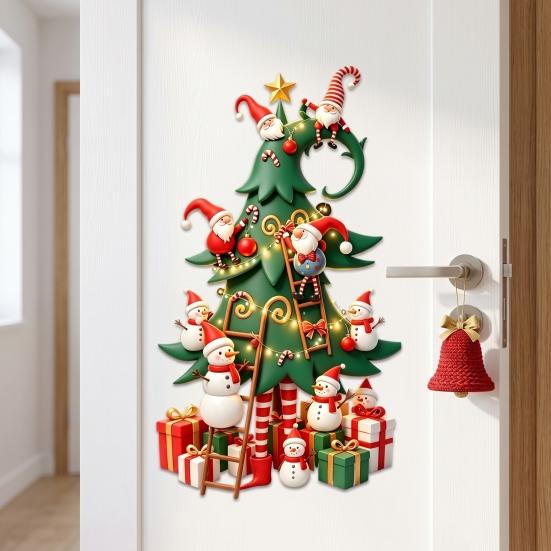 Removable Festive Home Decor Christmas Tree Window Stickers with Gnome And Snowman, Glass Stickers, PVC Self Adhesive Holiday Mural