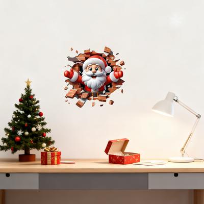 Noël Effet Visuel Créatif Autocollant Cartoon Mur Cassé Ambiance Festive Salon Décoration de Maison Autocollant Mural