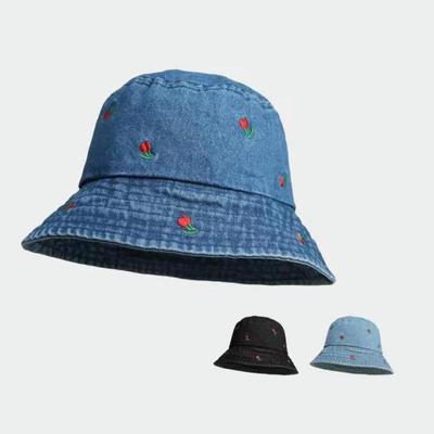Bucket Hat Women Denim Embroidered Flower Summer Hats For Women Sunshade Foldable Sun Hat Female Casual Vintage Bob Cap