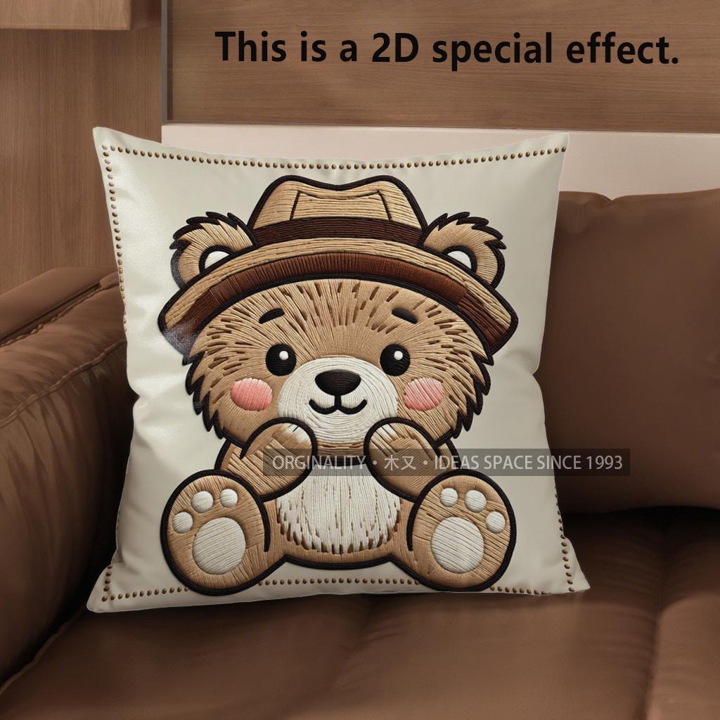 2D Cute Bear-Patterned Throw Pillow Covers Pattern Cushion Cover Suitable For Sofa Bedroom Car Pillow Cover