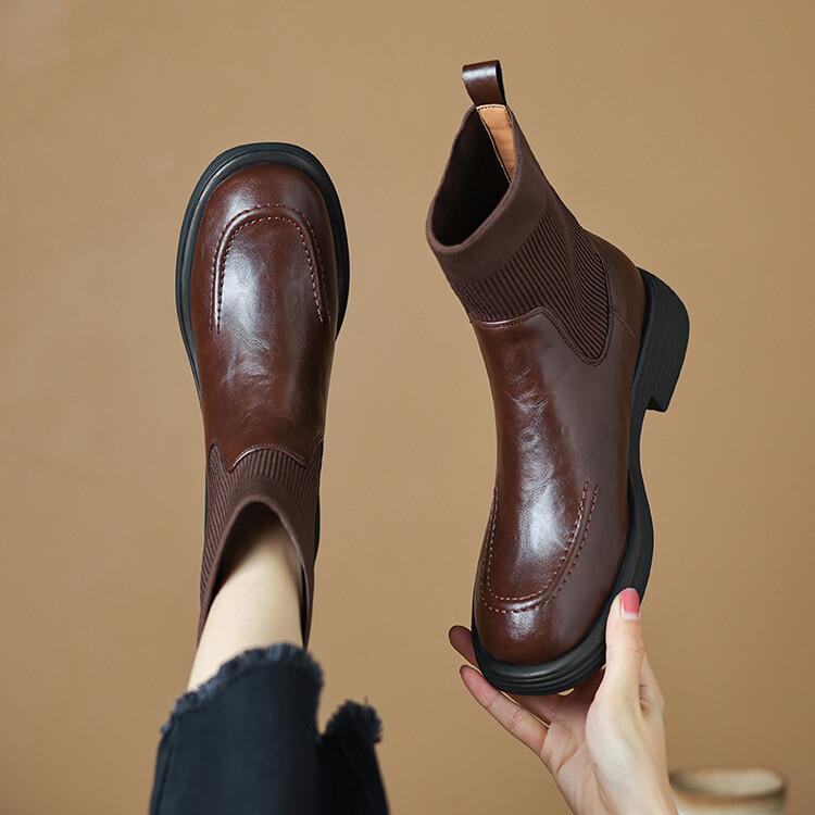 Fashion NEW Autumn Women Boots Split Leather Shoes for Women Round Toe Chunky Heel Shoes Slip-on Chelsea Boots Casual Weave Ankle Boots