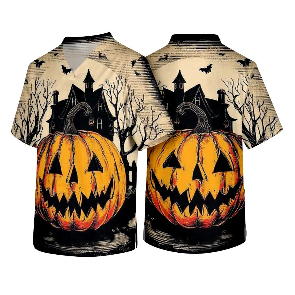 Men Short Sleeve V Neck Halloween Print Chest Pocket Scrub Top Comfortable Fit Durable Material Fun Design