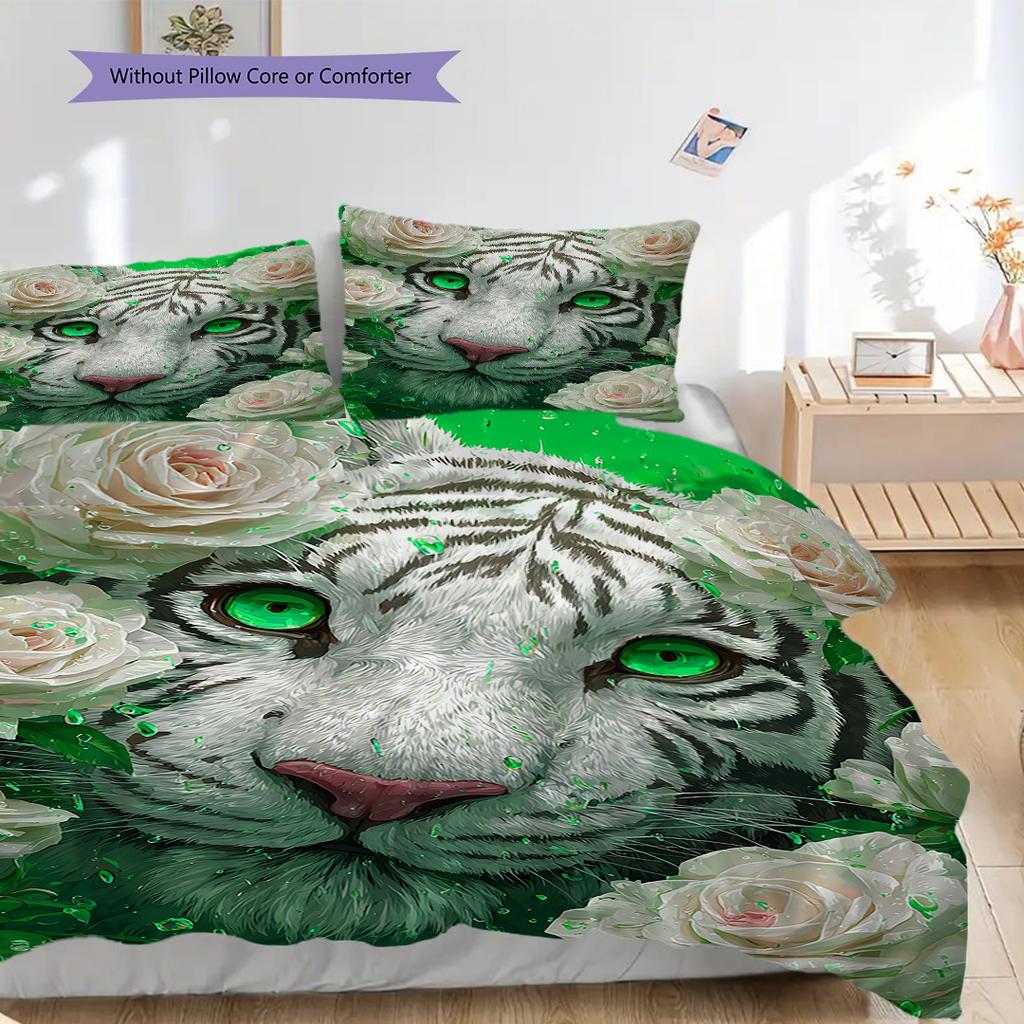 White Tiger Pattern Bedding Quilt Set Quilt Cover Pillowcase Home Decoration Birthday Gift (1 * Duvet Cover + 2 * Pillowcase, Without Core)