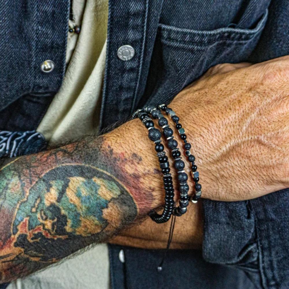 Black Matte Copper Inlaid Zirconium Diamond Ball Flying Saucer Long Bracelet Bracelet Set Wholesale Men's Woven Bracelet