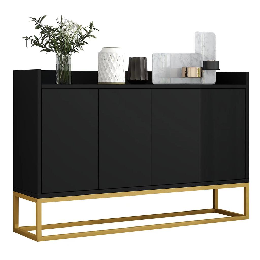 Modern Sideboard In Minimalist Style, 4-Door Handle-Free Buffet Cabinet for Dining Room, Living Room, Kitchen (Black)