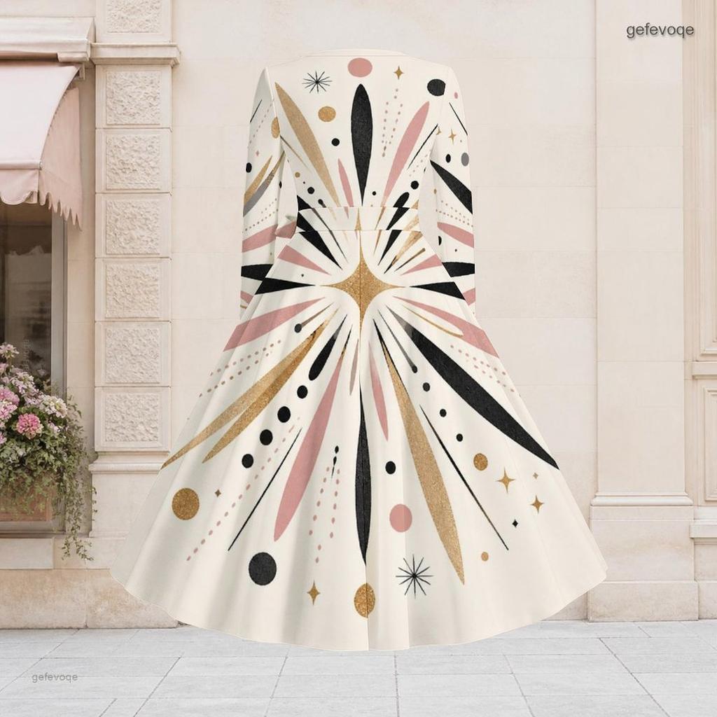 Women Plus Size V Neck Long Sleeve Geometric Printed A Line Flared Dress With Belt