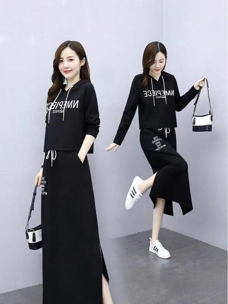 Stylish Women's Long Sleeve Two-Piece Letter Print Dress - Slimming and Casual for Spring & Autumn