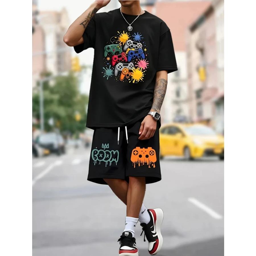 Men's Summer Short-sleeved Set, 3D Creative Flame Print And Shorts, Two-piece Casual Outdoor Fashion Set