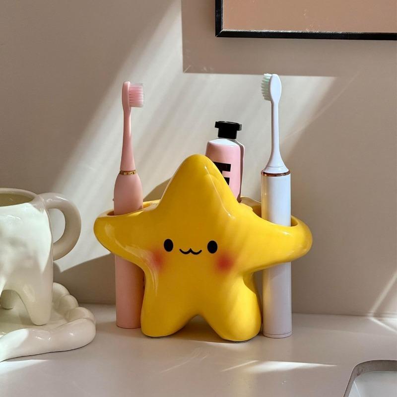 1-20PCS Star Shape Toothbrush Holder Ceramic 3 Slot Organizer Yellow Bathroom Storage Electric Manual Toothbrush Toothpaste Rack