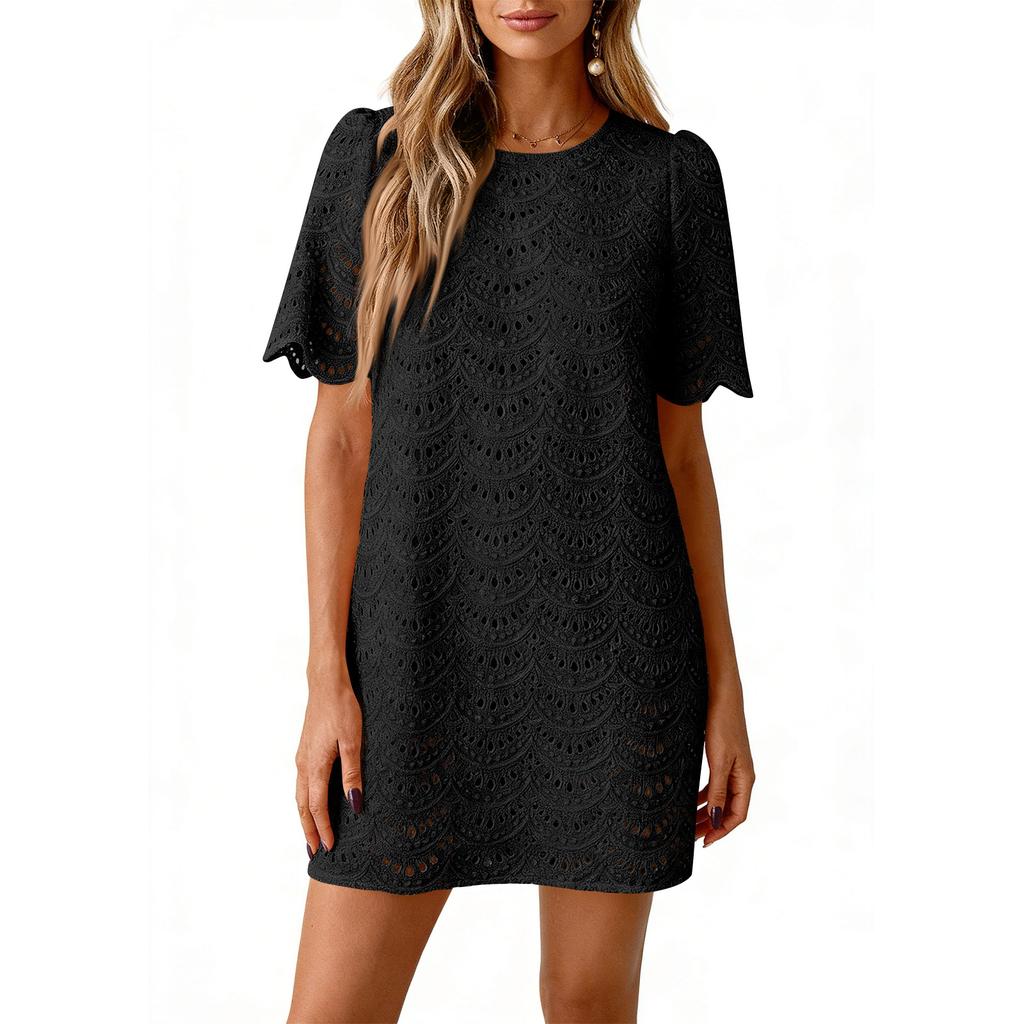 Summer Casual Short Dresses Embroidered Lace Short Sleeve Boho Dress Beach Vacation Clothes