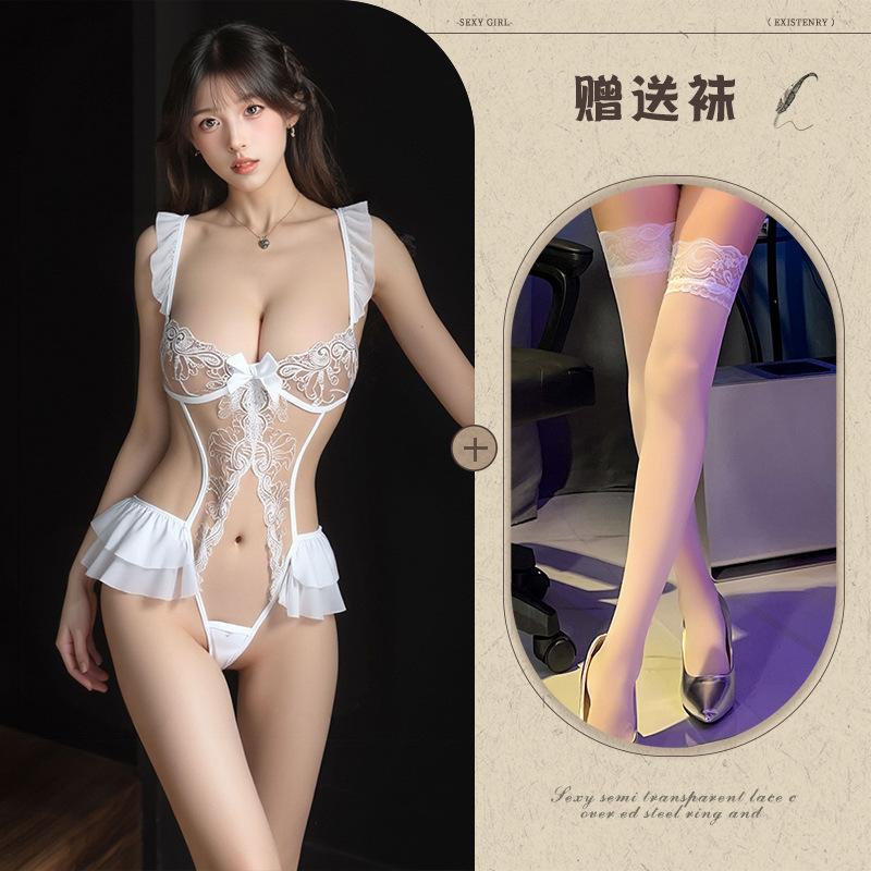 Sexy Lingerie, Sexy Lace Embroidered Onesie, Women's Hollow Open Gear, Hot Breasts Gather