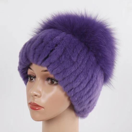 Women Winter Real Fur Hat Scarf 2 Pieces Knitted Rex Rabbit Fur Hat Top Natural Fox Fur Cap Scarves Sets Lady Warm Real Fur Caps