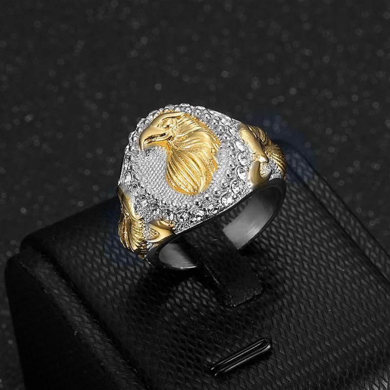 Stainless Steel Vintage Silver Gold Color Ring Eagle Animal Rings with Rhinestone for Men Women Punk Jewelry