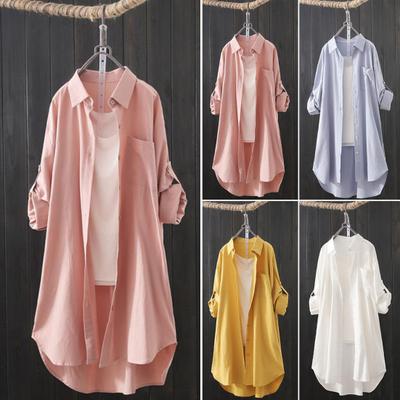 Camicia da Donna a Manica Lunga con Collo Reversibile a Singolo Petto, Camicia Cappotto Casual a Colore Unito di Media Lunghezza, Abbigliamento Femminile