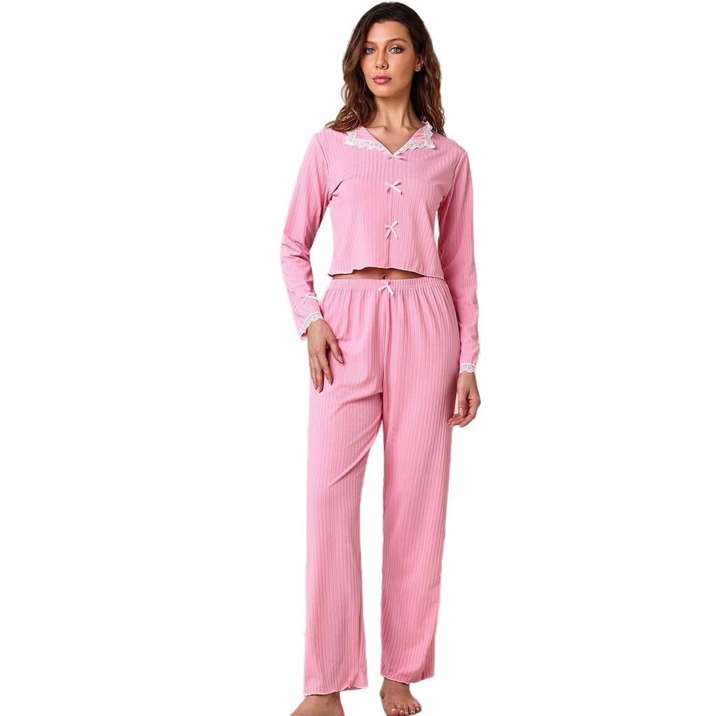Spring Autumn Solid Bow Pajamas Set for Women Homewear Long Sleeves Shirt and Trousers 2 Pieces Sexy Lace Pijamas Sleepwear Loungewear