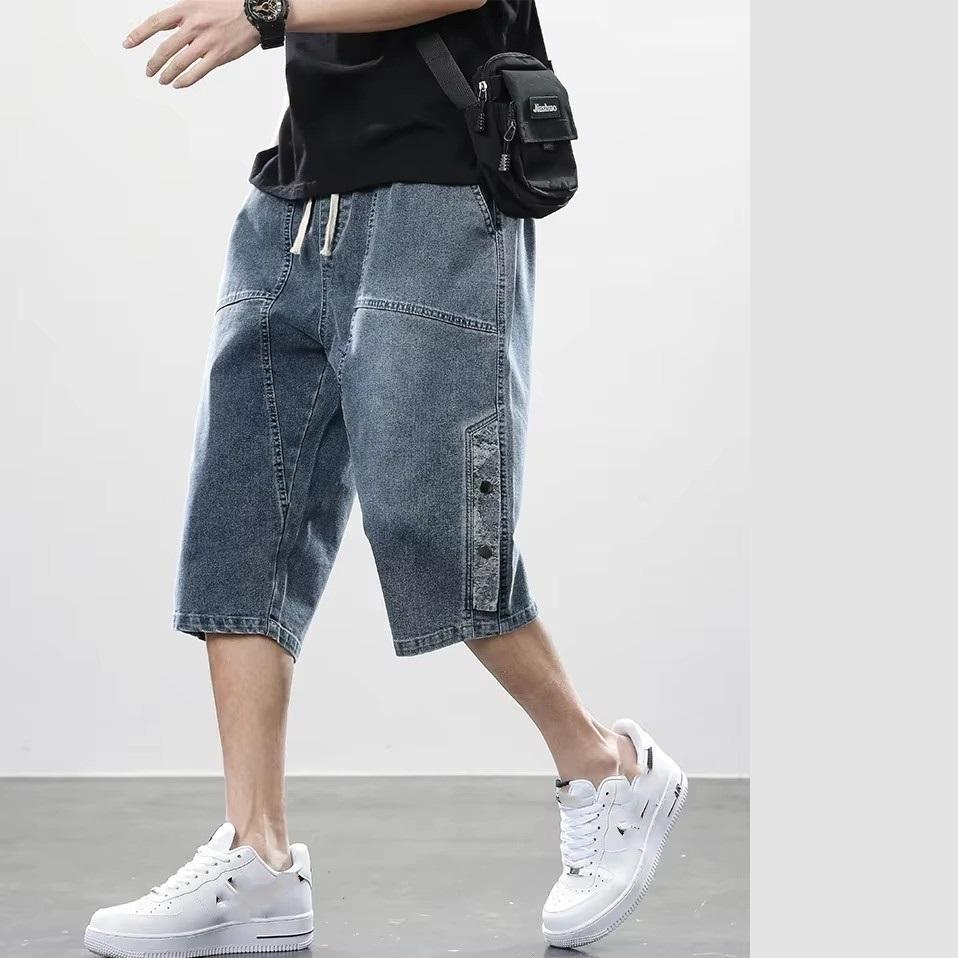 Jeans estivi da uomo, pantaloni in denim, pantaloncini casual al polpaccio, pantaloni capri dritti con coulisse in cotone lavato, taglia grande 8XL