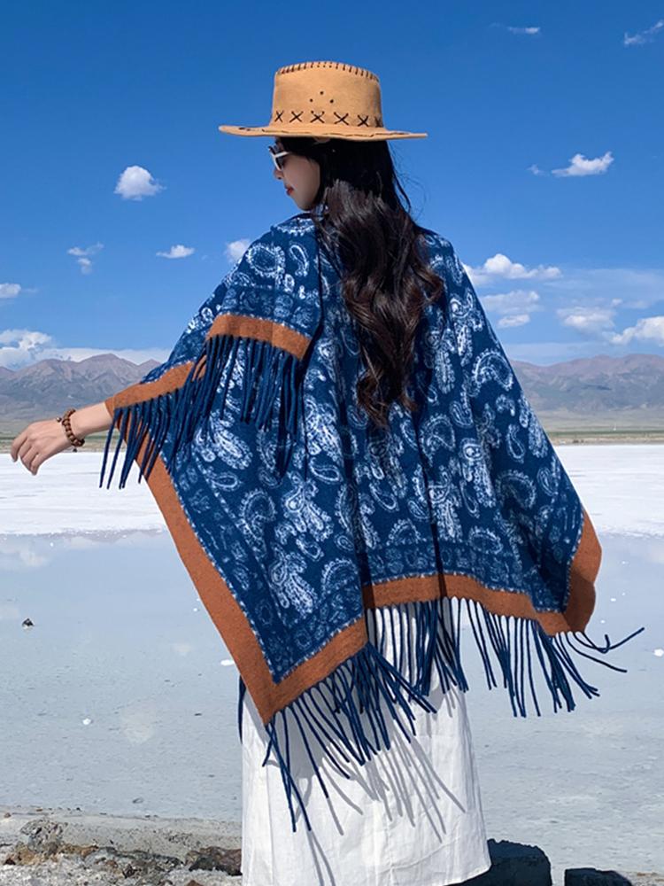 Winter Women Scarf Layers Poncho Elegant Lady Retro Print Tassel Wraps Shawl Casual Scarve Capa Para Mujer Pashmina Cloak Boho