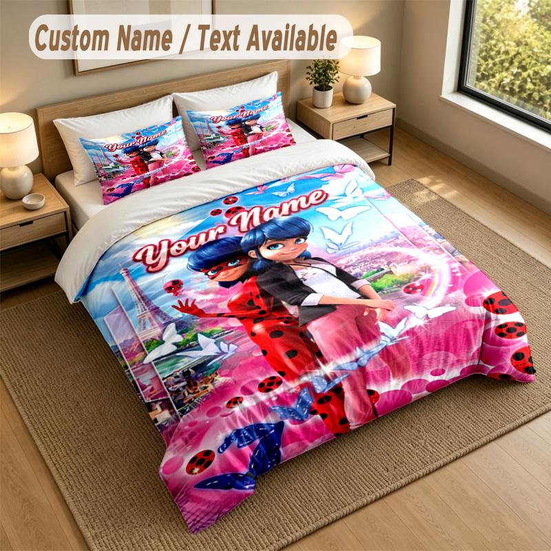 Set Biancheria da Letto 3 Pezzi con Nome Personalizzato, Miraculous Ladybug 1 Copripiumino 2 Federe Biancheria da Letto Morbida per Regalo