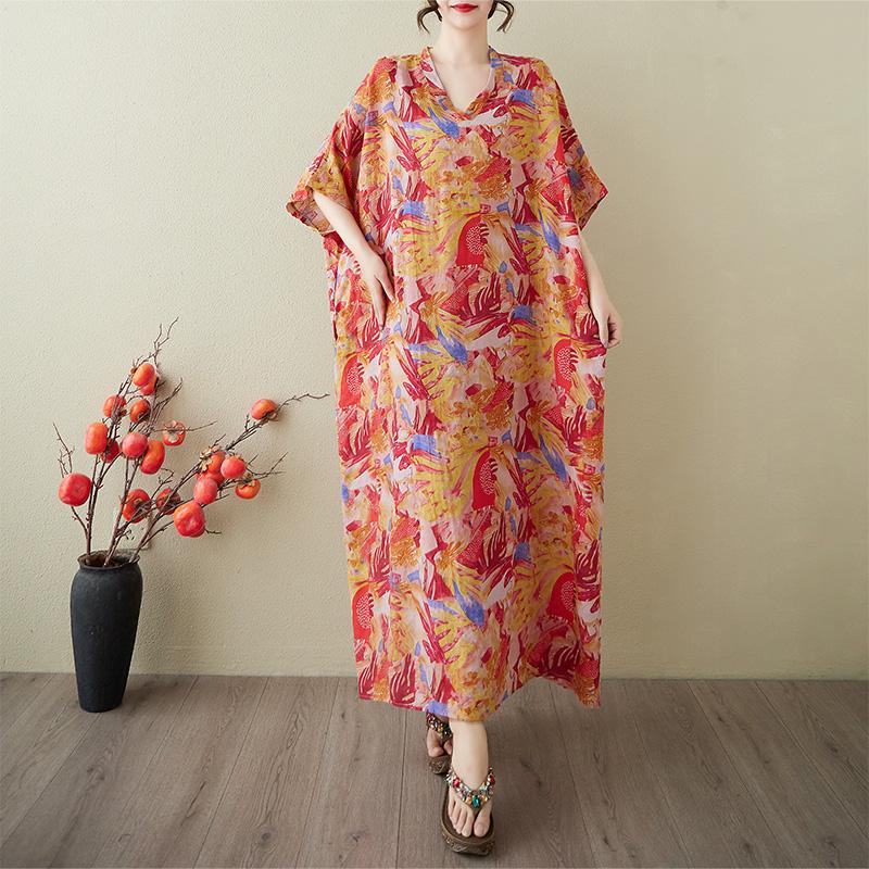 

DIMANAF 2025 Летнее платье больших размеров для женщин Повседневное винтажное платье-рубашка с V-образным вырезом Свободное базовое платье с принтом one size fits all