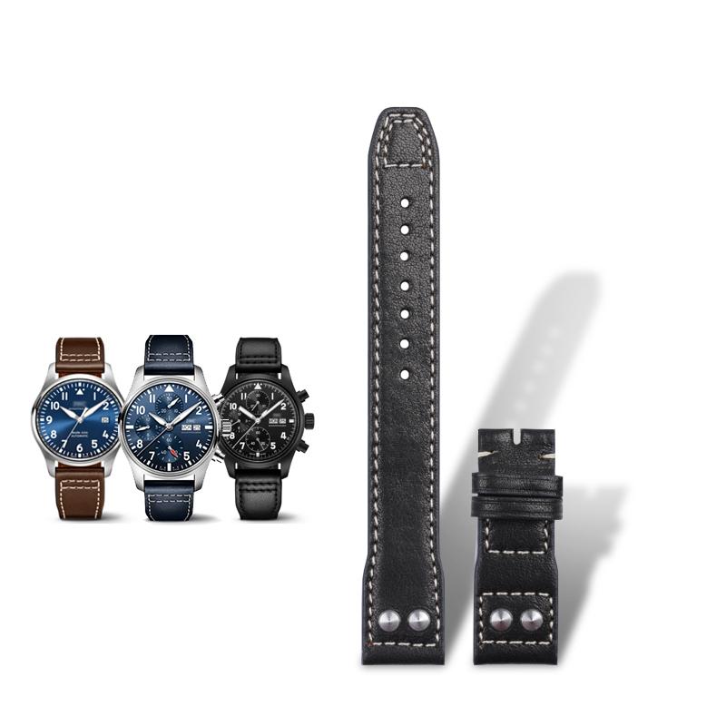 Black Blue Brown Soft Cslfskin GenuineLeather Rivet Cowhide Watchband 20mm For IWC Strap For Mark18 BraceletsFree Tools