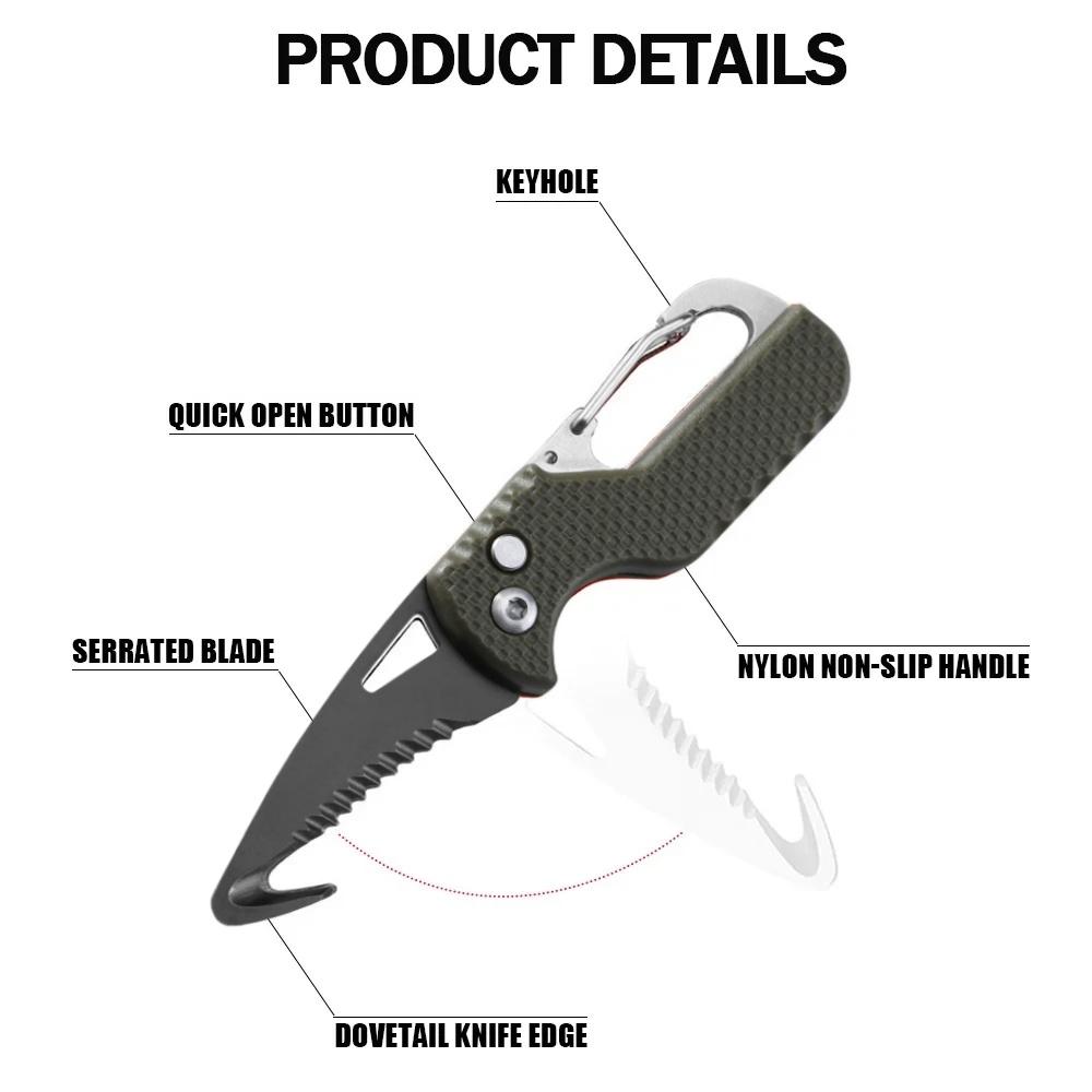 Pocket Folding Knife Portable Express Unpacking Knife with Keychain Serrated Hook Blade Outdoor Multifunctional Survival Tool