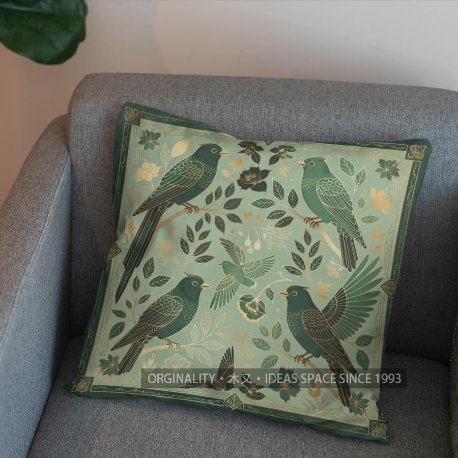 2D Green Birds & Gold Scrolls Patterned Pillow Pattern Cushion Cover Suitable For Sofa Bedroom Car Pillow Cover