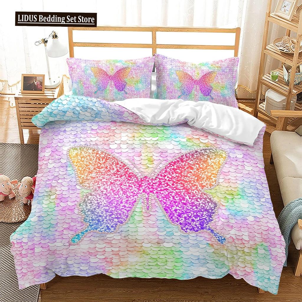Butterfly Duvet Cover Set Full Size,Rainbow Butterfly Bedding Set For Girls,Rainbow Butterflies Comforter Cover Set,Pink Purple