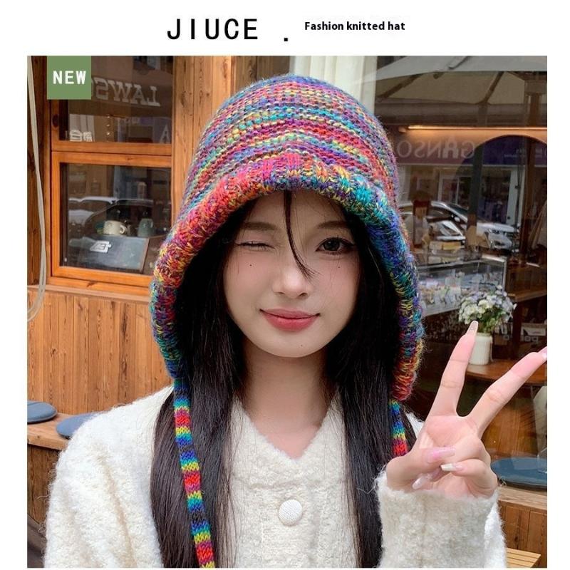 Cute Bear Plu Knitted Hat Womens Autumn Winter Large Head Circumference Face Slimming ColdProof Ear Protection Leon Fur Hat