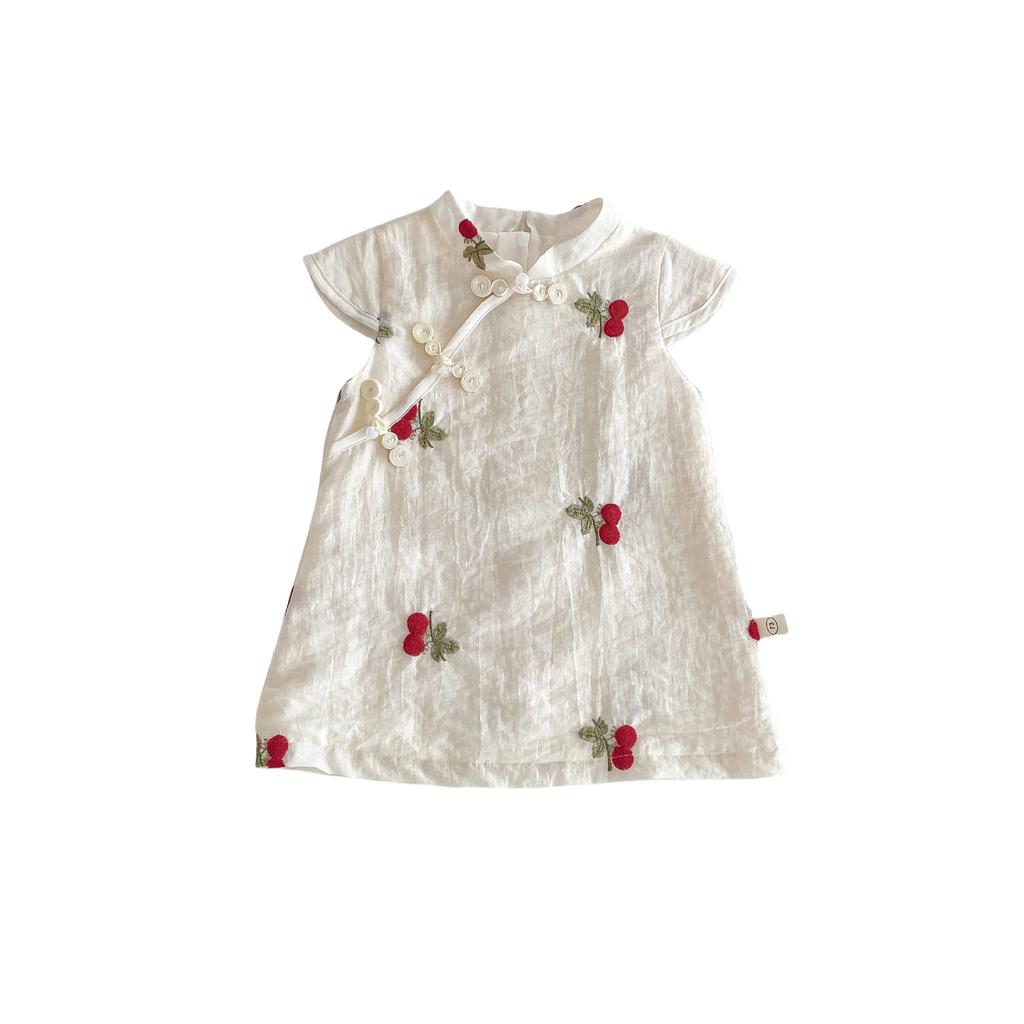 Girls Cherry Cheongsam Dress Summer Chinese Style Cross Collar Princess Dress Fashion Outfit for Kids