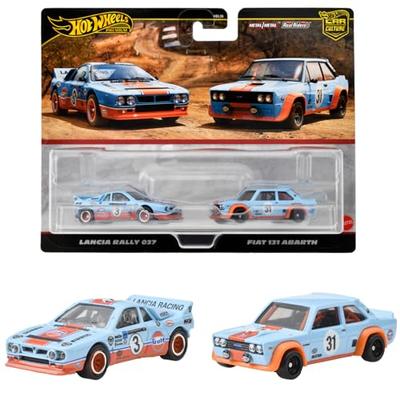 Hot Wheels Pack Premium de 2 Lancia Rally 037 / Fiat 131 Abarth Véhicule Jouet Voitures Moulées sous Pression pour Âges 3 ans et Plus, Bleu, HRR81